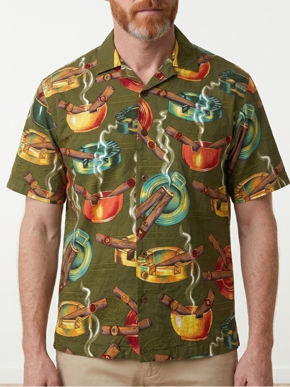 Vintage Fivecrown Cuban Cigar Ashtray Camp Shirt Men’s Large USA